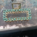 Rectangle hair claw clip with golden chain weave design and teal enamel finish - Hollow Enamel Style