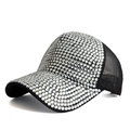 Close-up of sparkling rhinestones on black mesh baseball cap with silver crystal detail - Adjustable / Black Transparent White