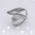 Adjustable silver stainless steel open ring featuring a dual leaf design with vein texture - b15 Double Staggered Leaves / Silver