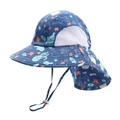 Detail view of navy blue kids sun hat with ocean print, neck flap and mesh vents - Adjustable Size / Side Mesh Style / Blue Ocean Life (Side Mesh)