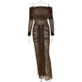 Dames tweedelige set met panterprint van mesh, off-shoulder top en rok met zijsplit - S / Luipaardprint
