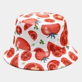 Close-up of tomato print patterns and reinforced stitching on white cotton bucket hat - White Base Tomato Slice Print (27# Color)