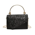Elegant black handbag with silver sequins and golden circular handle with chain strap - Black