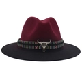 Western gradient wool fedora hat with burgundy crown, black brim and bull skull detail - M (56-58cm) / Wine Red + Black