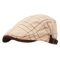 Berretto piatto a quadri beige da uomo con cinturino di regolazione marrone retro - Regolabile / Cachi