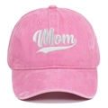 Close-up of pink washed cotton baseball cap featuring white Mom 3D embroidery detail - Pink (Mom)
