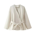Detail of oatmeal wool coat featuring tie-waist bow and seamless shoulder design - S / Milky White