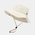 Minimalist wide brim sun bucket hat in cream color with adjustable chin strap and snaps - One Size / White
