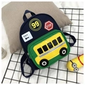 Mochila infantil azul marino con bolsillo verde y diseño de autobús escolar amarillo - Azul oscuro