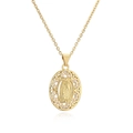 Macro detail of gold plated Virgin Mary pendant with cubic zirconia and hollow lace patterns - CN002036YH Oval Mary Hollow