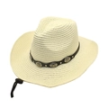 Detail of straw cowboy hat with black leather band, metal buckles and adjustable chin strap - M (56-58cm) / Cream