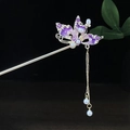 Chinesische Haarnadel mit lila Schmetterling Emaille Blume und hängenden Perlen Quasten - Lila Schmetterling Perle Quaste Stil (0373)