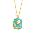 18k gold plated stainless steel necklace featuring a blue oil painting rose pendant - Blue Oil Tulip-Gold 0239