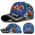 Navy blue baseball cap with orange WAO embroidery and colorful pop-art pattern - Adjustable / Mesh Style Royal Blue Front