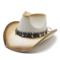 Vintage hand-painted cowboy straw hat with ethnic ribbon and silver leaf pendants - M (56-58cm) / Cream Coffee Gradient