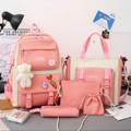 Five-piece nylon school backpack set for girls in pink and white with cute teddy bear charm - 389 Pink