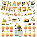 Construction theme birthday party set with yellow excavator banners and cake toppers - Striped Construction Birthday Set Three