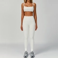 Three-piece white ribbed yoga set featuring square neck sports bra and high waist leggings - S / Sports Bra + Leggings / Milky Apricot