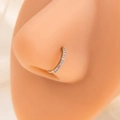 Detailed view of silver non-pierced nose ring with leaf pattern and sparkling cubic zirconia - Full Pave Diamond Row (E4968-2)