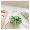 Close-up of green tweed bag featuring a large satin bow and elegant pearl handle - Classic Bow Style / Princess Green