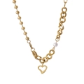 Golden asymmetrical cuban and bead chain necklace with pearl and heart pendant - Gold (KN229569-Z)