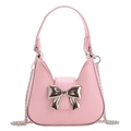 Pink PU mini handbag with large silver metallic bow and elegant chain strap - Rose Pink
