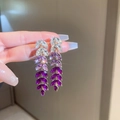 Detail view of wheat leaf tassel earrings with sparkling rhinestones and gradient purple stones - Purple Leaf Tassel (HE11296)