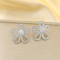 Detailed close-up of crystal-encrusted flower earrings on a luxury silk backdrop - Stud Earrings / Silver