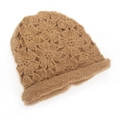 Close-up of handmade crochet knit beanie with hollow flower patterns and rolled edge - One Size / Khaki