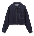 Detalle en plano de chaqueta vaquera azul oscuro con botones metálicos y bolsillo - XS / Top Negro