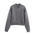 Dunkelgraue Strickjacke mit weißen Perlenverzierungen und einem Metallreißverschluss - S / Grau