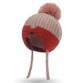 Berretto in maglia rosso e rosa con ricamo a gatto e paraorecchie per bambini - Taglia unica / Beige scuro