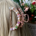 Large rose gold claw clip with colorful amethyst and pearls on blonde hair - Multi-Color Crackle + Deep Sea Pearl Rose Gold Hair Claw