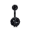 Detail of black stainless steel belly ring with double pave crystal spheres - Black Rhinestone Ball