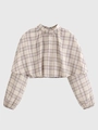Detail der karierten bauchfreien Bluse mit Stehkragen und Lagenlook im Poncho-Stil - XS / Mehrfarbiges Karo