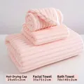 Pink coral fleece towel set including hair cap, face towel and large bath towel - 3-Piece Set (Hair Cap + Towel + Bath Towel) / Pink