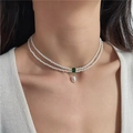 Double-layer pearl choker with green gemstone and baroque pearl pendant on model - 4# Necklace-Double Layer White Pearl-Square Green Gemstone Pendant