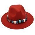 Detail of red fedora hat with ethnic turquoise beads and brown wooden bead hatband - One Size / Rust red