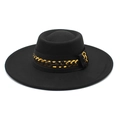 Classic black cashmere wide brim boater hat with a decorative gold metal chain link band - 57-59cm / Black