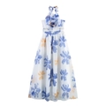 Elegantes Halfter-Organza-Maxikleid mit 3D-Blumenakzent und buntem Pinselstrichdruck - XS / Hellblau