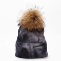 Close-up of tie-dye knit beanie with large fluffy pom-pom and ribbed texture detail - 9#-Black and Grey Tie-Dye Style