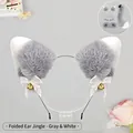 Grey and white plush cat ear headband set with ribbon bows and golden bells - One Size / Folded Ear Ding-Dong - Grey & White
