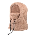 Winter thermal plush hood with integrated face mask and adjustable drawstring in camel color - Khaki