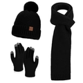 Three-piece black winter knit set with pompom beanie, long scarf, and touchscreen gloves - Black