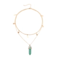Double-layered gold necklace with star moon charms and green hexagonal crystal stone - Green Aventurine