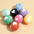 Colorful acrylic sports ball beads with white heart patterns for DIY bracelets - 12mm Heart Pattern Round Beads Mixed Colors
