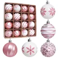 Set de 16 boules de Noël roses et blanches de 6cm avec flocons et paillettes en boîte - Lot de 16 / Rose