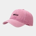 Detail of vintage washed pink baseball cap with HELLO black embroidery and reinforced stitching - Adjustable / Pink