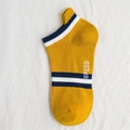 Classic men's cotton ankle socks in mustard yellow with blue stripes and SPEED text - Sport Stripe Yellow