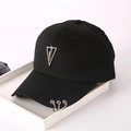 Detail of black cotton baseball cap with silver metal rings and triangle charm accessory - [small And Large Triangles] Black